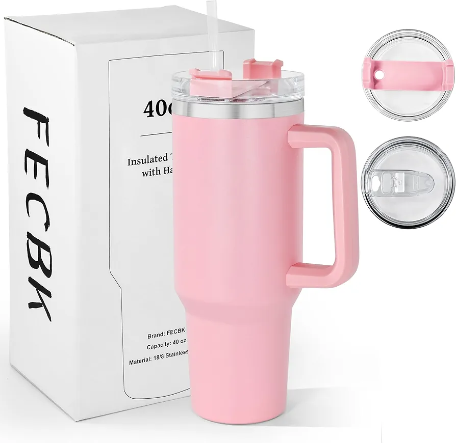40 oz Tumbler with Handle and Straw, 100% Leak-Proof Travel Mug, Stainless Steel Double Wall Vacuum Insulated Coffee Cup Keeps Cold For 34 Hours, Dishwasher Safe, Pink
