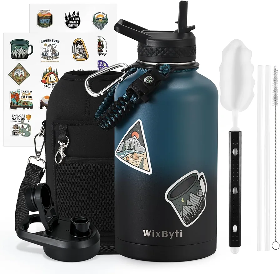 64 oz Insulated Water Bottle with Straw (Cold for 48 Hrs), Half Gallon Stainless Steel Triple Wall Vacuum Sports Water Jug, Leakproof Hydro Cup Flask with Straw Spout Lids & DIY Stickers