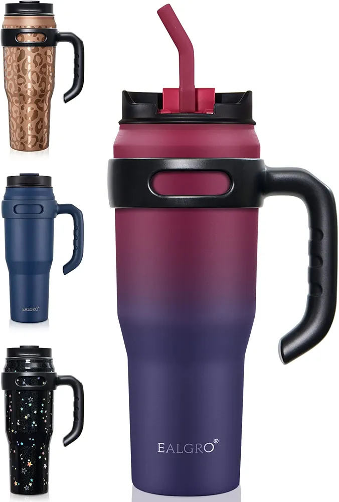 40 oz Tumbler with Handle, Large Insulated Tumblers with Straw and Lid, Stainless Steel Vacuum Travel Coffee Mug Cup, Dark Rainbow