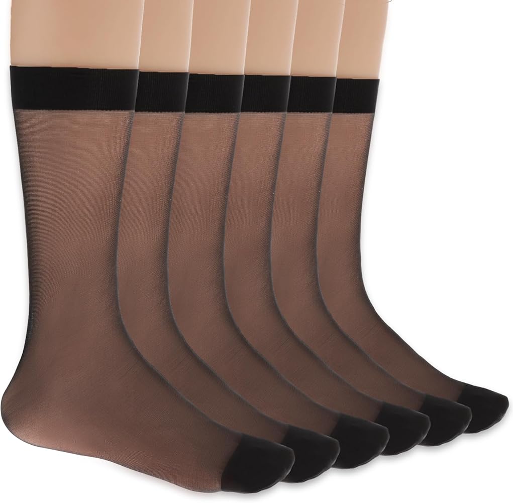Women's Sheer Nylon Ankle Socks 6 Pack-Nude Crew Stocking Ultra Thin See Through Calf High Socks for Women