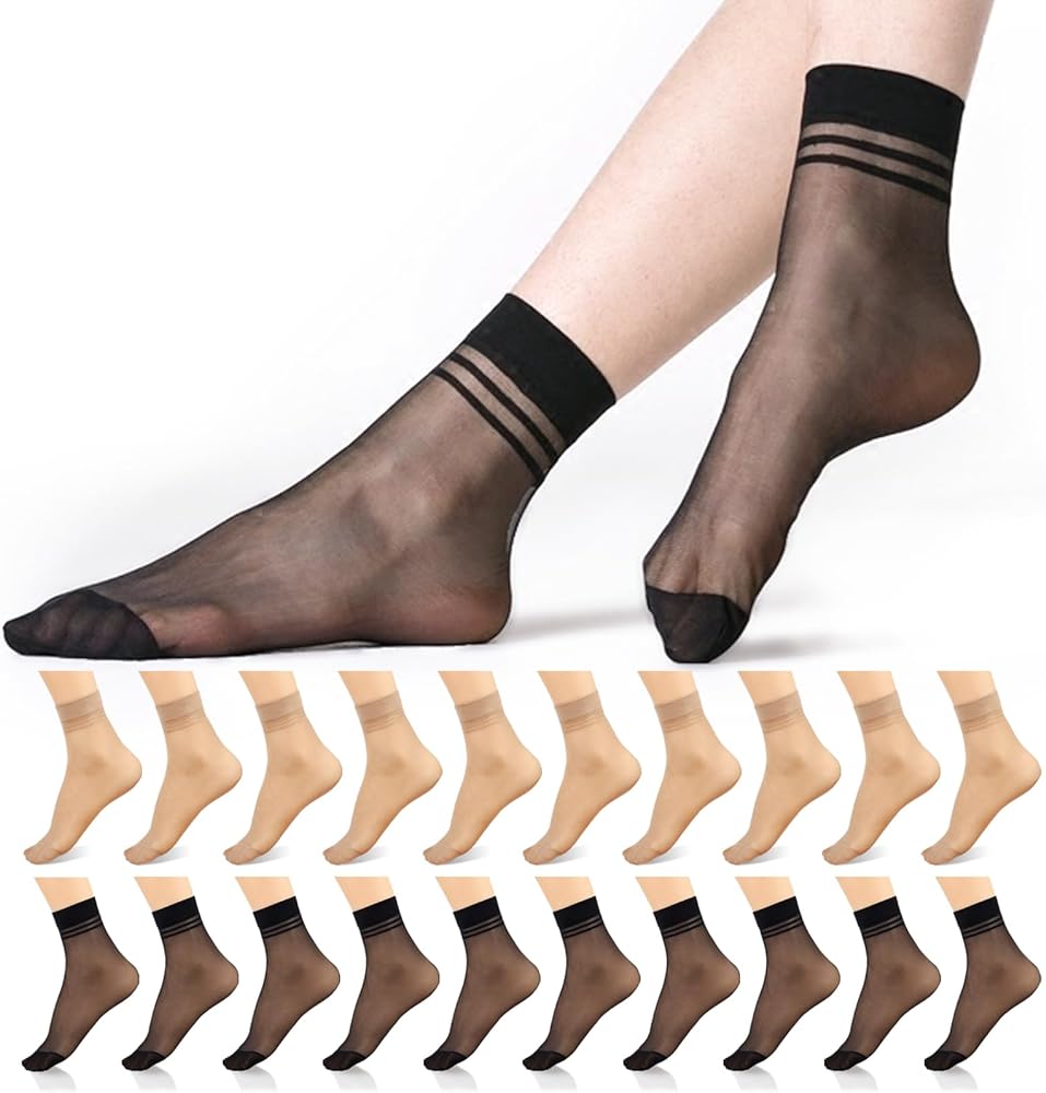 20 Pairs Women's Ankle Sheer Nylon Socks Nude Black Summer Thin Soft Tight Hosiery with Reinforced Toe Stylish Cool Socks for Girls.