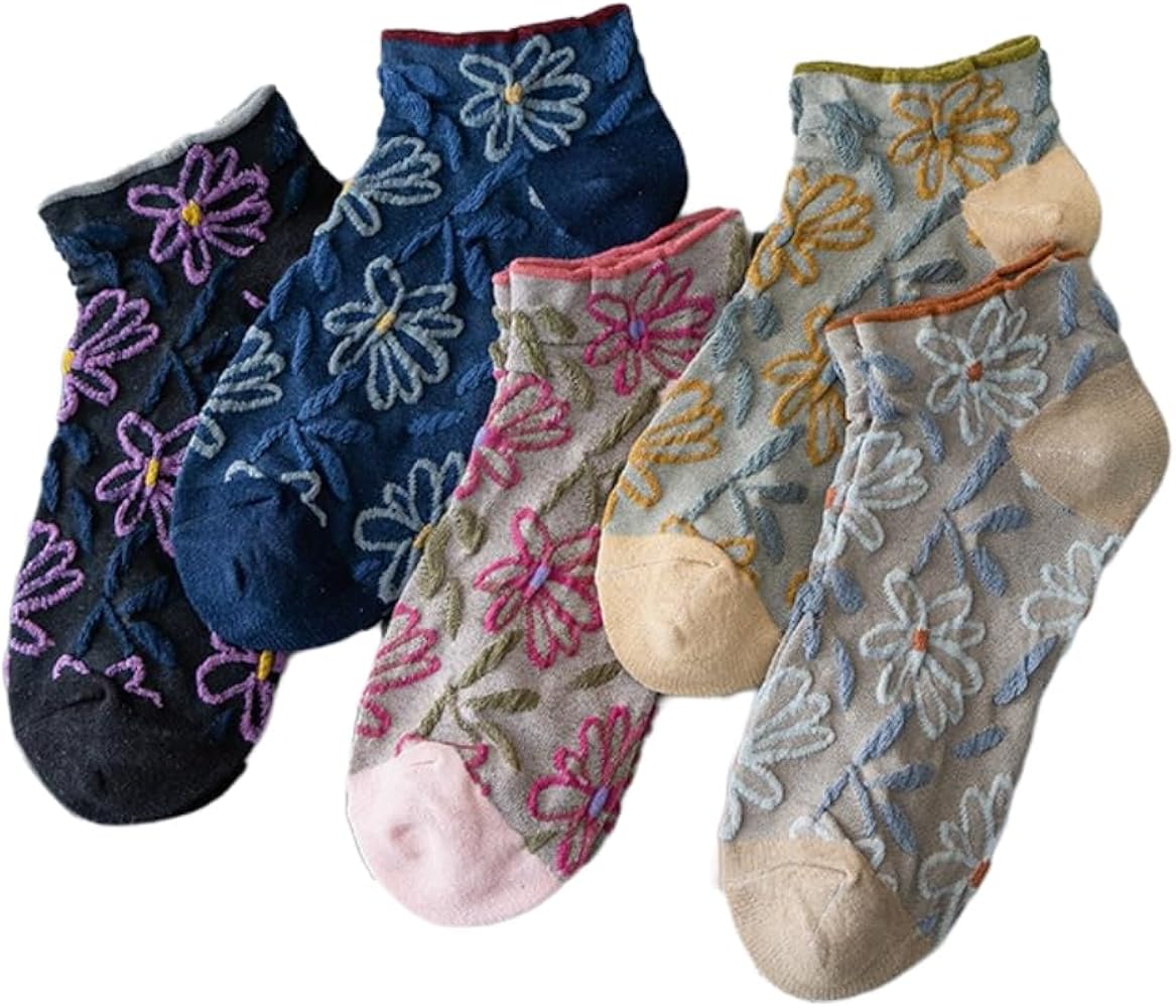 5 Pairs Vintage Embroidered Floral Socks for Women Combed Cotton Ruffle Cute Floral Ankle Socks