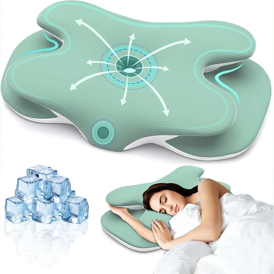 Cervical Neck Pillow Memory Foam Pillows for Pain Relief, Ergonomic Pillow for Side Sleeping with Cooling Pillowcase, Contour Pillow for Side, Back & Stomach Sleepers with Adjustable Height(Green)