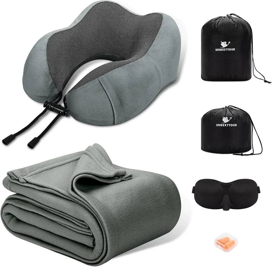 Travel Pillow and Blanket Set for Traveling, Memory Foam Neck Pillow and Soft Blanket Compact, Airplane Travel Essentials Adult with Sleep Mask Earplugs Storage Bag for Plane Car, Grey