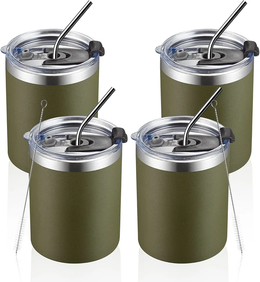 MEWAY 12 oz Lowball, Tumbler Stainless Steel Double Wall Vacuum Insulated Mug with Straw and Lid, Cleaning Brush ，Durable Powder Coated Insulated Coffee Cup for Cold & Hot Drinks (Army Green,4 pack)