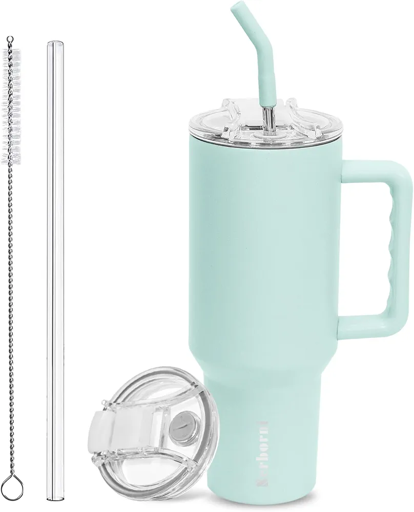 40 oz Tumbler With Handle and 2 Straws 1 Lid, Insulated Tumblers Stainless Steel, Upgraded Leak-Proof Lid For Hot and Cold Insulation Travel Coffee Cup Mug 2024 Upgrade（Green Tint）