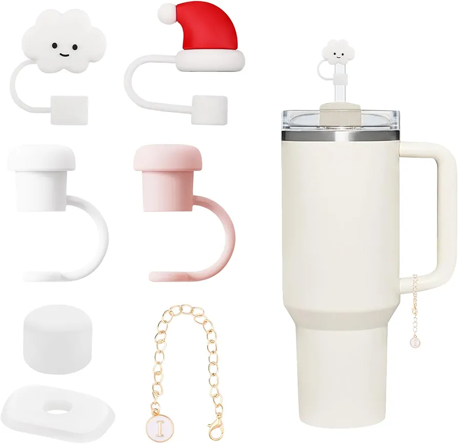 7PCS Silicone Straw Covers Compatible with Stanley Cups 30&40 Oz Tumbler with Handle,Reusable Straw Caps,Silicone Straw Toppers Includes Name ID Letter Handle Charm,Spill Stopper Leak Proof Plug(I)