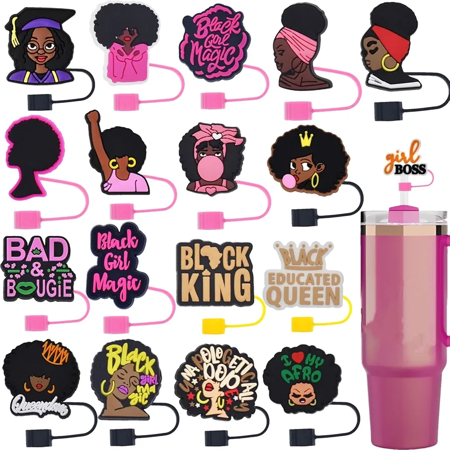 18 Packs Mixed Black Girl Series Straw Toppers, Soft Silicone Straw Covers, Fit 0.4in/10mm Straw, Compatible with Stanley Cup 30&40 Oz, Dust-Proof Leak-Proof Straw Protectors Accessories