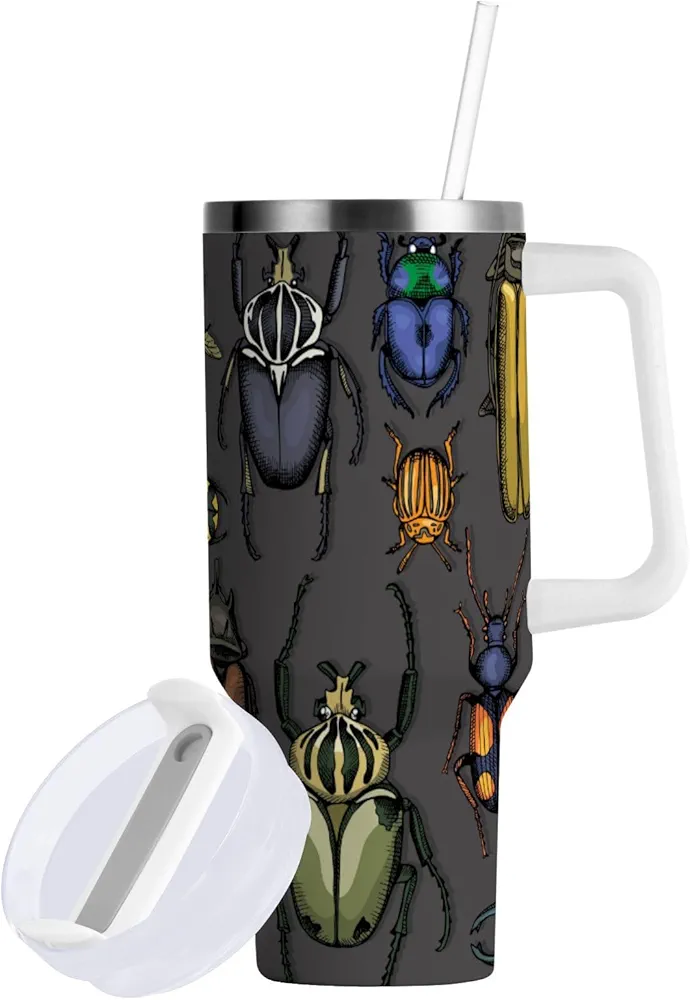 Bright Insects Dark Insulated Tumblers Beetle Reusable Stainless Steel Tumbler 30 oz Cup Coffee Travel Mug Water Bottle with Handle & Flip Straw for Home Office Car