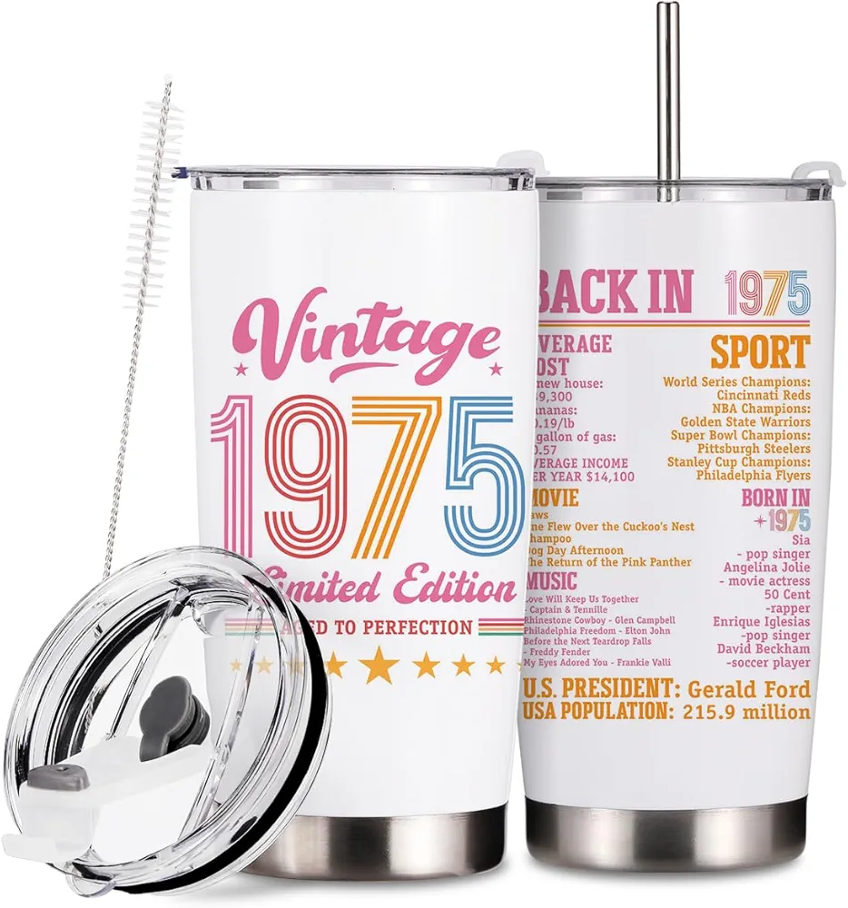 Funny 50th Birthday Gifts 1975 Birthday Gifts 50 Year Birthday Gifts for Women 20 oz Stainless Steel Vacuum Insulated Tumblers for Women Men Friend Christmas Retirement Thermal Cup