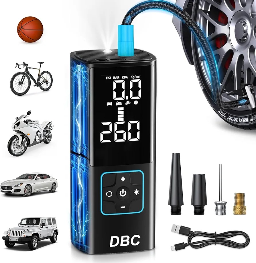 DBC Tire Inflator Portable Air Compressor, 3X Faster Cordless Bike Pump, 20000mAh & 150PSI Portable Air Pump for Car Tires With Digital Dual Values Display for Car, Bike, Motorcycle, Ball