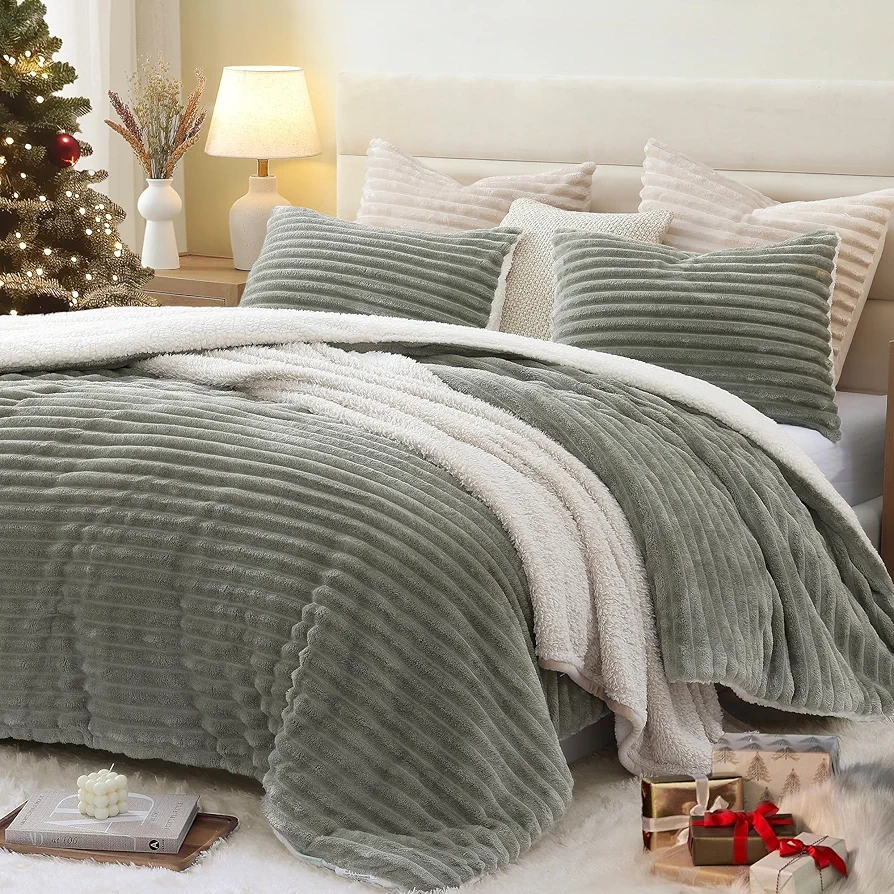 Geniospin Queen Comforter Set Sage Green,Warm Winter Comforter Queen Size,Ultra-Soft Sherpa Fleece Queen Bedding Set,Reversible 3-Piece Comforter Set for Winter, Warm & Cozy (Sage Green,90''x90'')