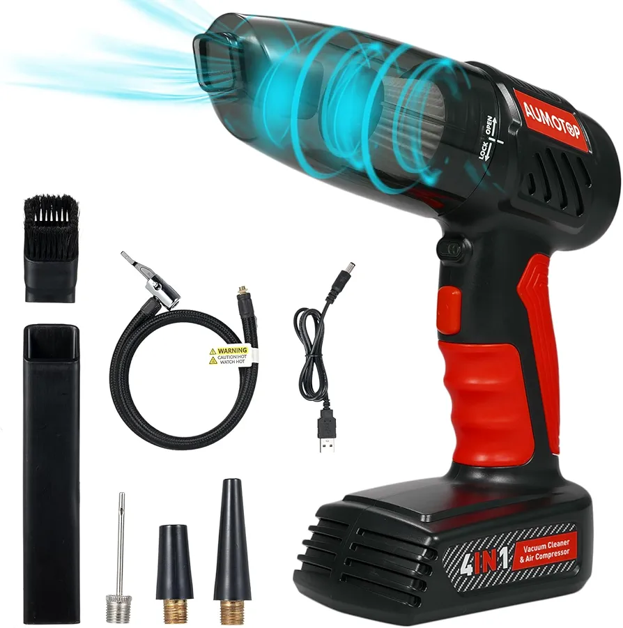 4-in-1 Handheld Car Vacuum Cleaner Cordless, 150PSI Tire Inflator Air Compressor Pump Rechargeable Portable Vacuum for Car, Home, Office, 6000Pa Vacuum Cleaner with USB Charging Cable