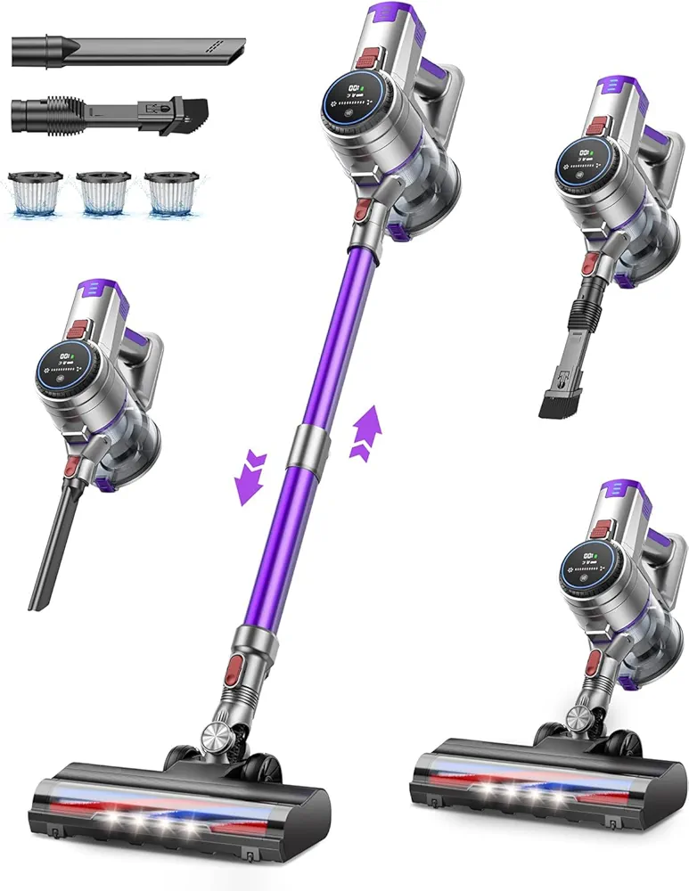 Cordless Vacuum Cleaner, 450W 38KPA Vacuum Cleaner for Home Stick Vacuum with Brushless Motor and 2 Roller Brush, Rechargeable Vacuum Removable Battery, Wireless Vacuum for Pet Hair/Carpet/Hard Floor