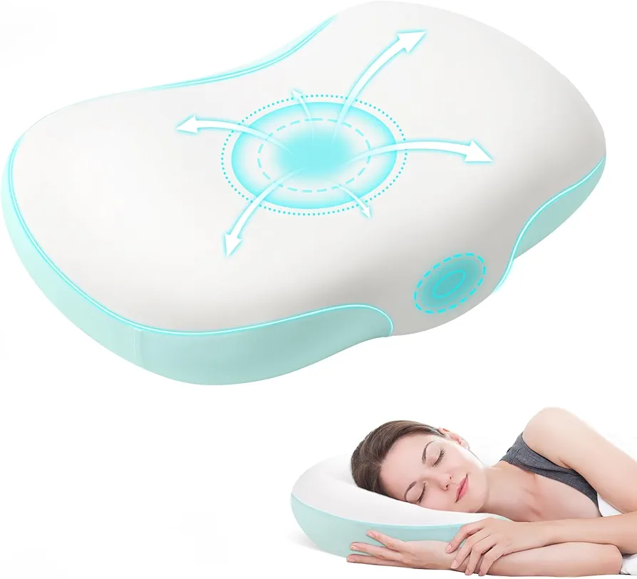 Memory Foam Cooling Sleep Pillow, Orthopedic Cervical Neck Pillow for Side & Back & Stomach Sleepers, Ergonomic Contour Pillow for Back and Shoulder Pain Relief - White and Blue