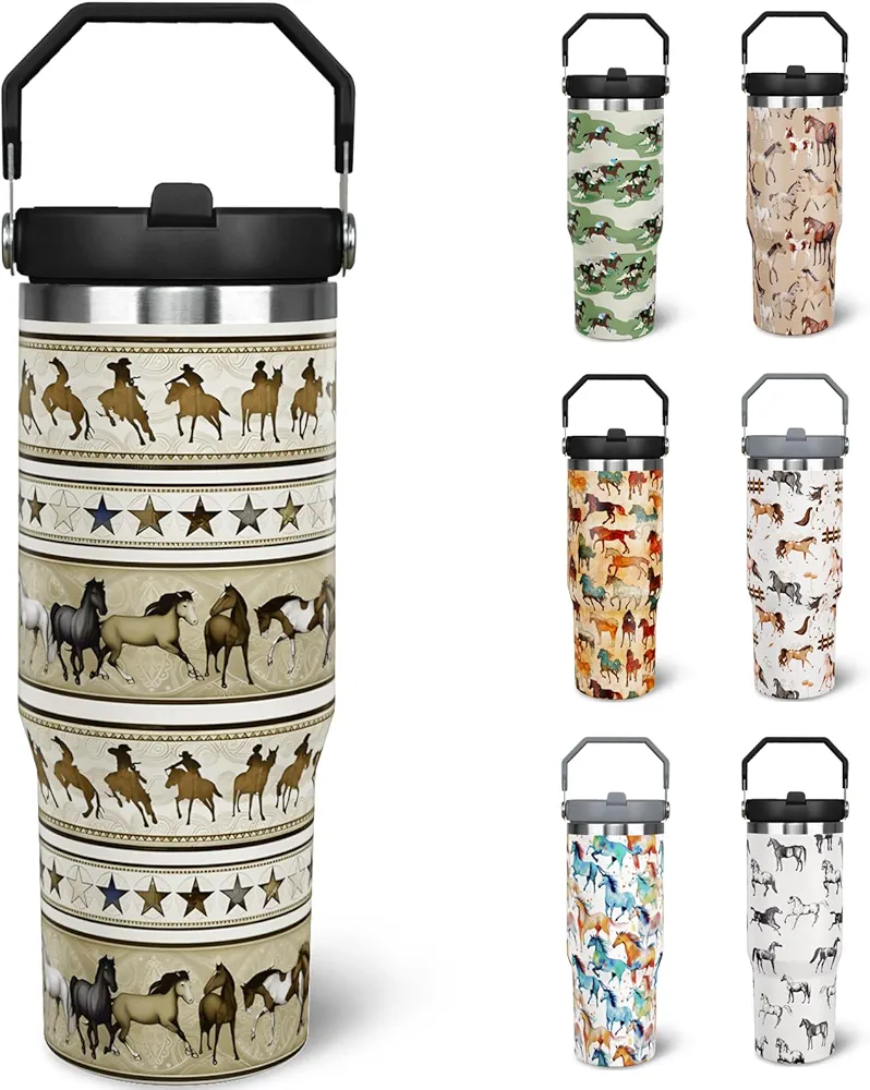 30 oz Horse Tumbler With Handle and Straw, 30oz Horse Flip Straw Tumbler Insulated Coffee Travel Mugs Cup Water Bottle Horse Gifts for Horse Lovers Women Girls