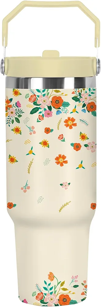 30 Oz Floral Tumbler For Women with Handle and Straw,Stainless Steel Vacuum Insulated Coffee Travel Iced Water Bottle Cup Mug for Lady, Mothers Day Birthday Christmas Gifts for Women Girl