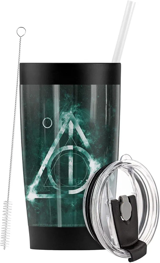 LOGOVISION Harry Potter Deathly Hallows Logo Stainless Steel Tumbler with Straw and Flip Lid 20 oz Vacuum Insulated & Double Wall with Leakproof Dual Lid | Great for Iced Coffee and Hot Beverages