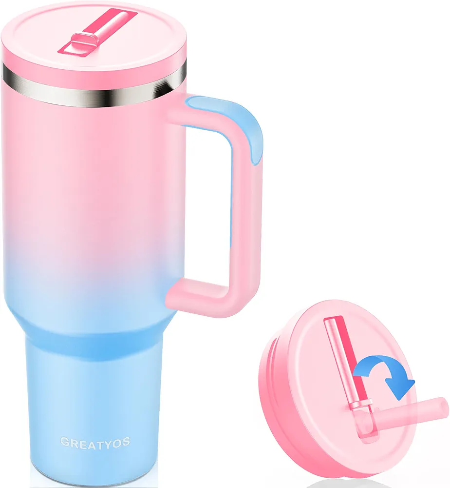 40 oz Tumbler with Handle and Flip Straw Lid - Upgraded Insulated Traveler Tumblers with Lids Straws Vacuum Leak Proof Stainless Steel 40oz Cup Mug Gifts for Men Women Him Her (PinkBlue)