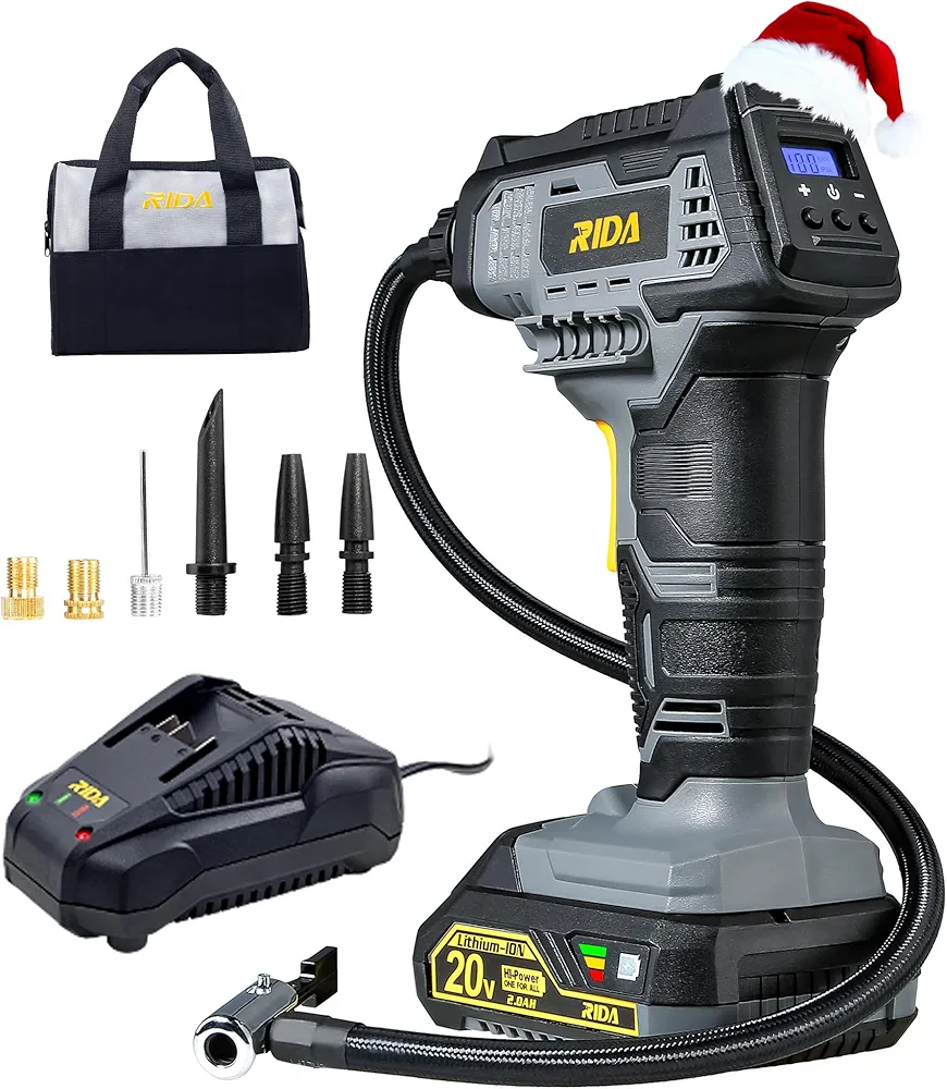 Tire Inflator Portable Air Compressor 20V Rechargeable Battery Powered Handheld 100PSI Tire Inflator with Tire Pressure Gauge 7 Nozzle Adapters 2.0Ah Battery & Charger Air Pump for Ball Car E-Bike ﻿