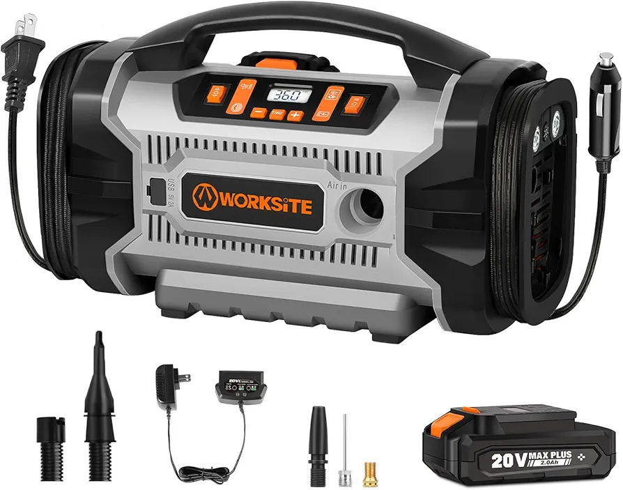 WORKSITE Tire Inflator Air compressor Portable, 160 PSI Car Tire Pump with 3 Power Supply (110V AC, 12V DC & 20V Battery), Inflation & Deflation Modes, Dual Powerful Motors, Gray