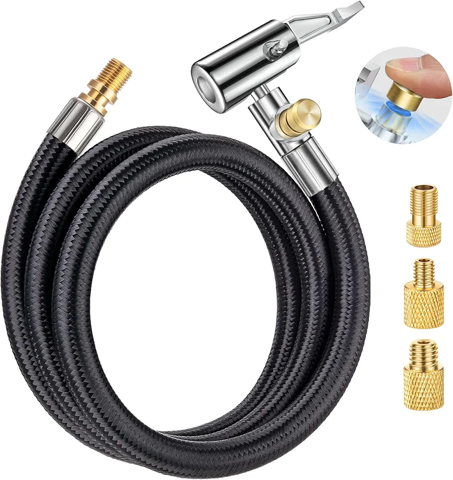 33" Lengthened Tire Inflator Hose Adapter Quick Connect&Release, Lock On Air Chuck w/Schrader Valve Fine Thread&Converting Nuts, Tire Inflator Pump Hose Adapter for Car Motorcycle Bike