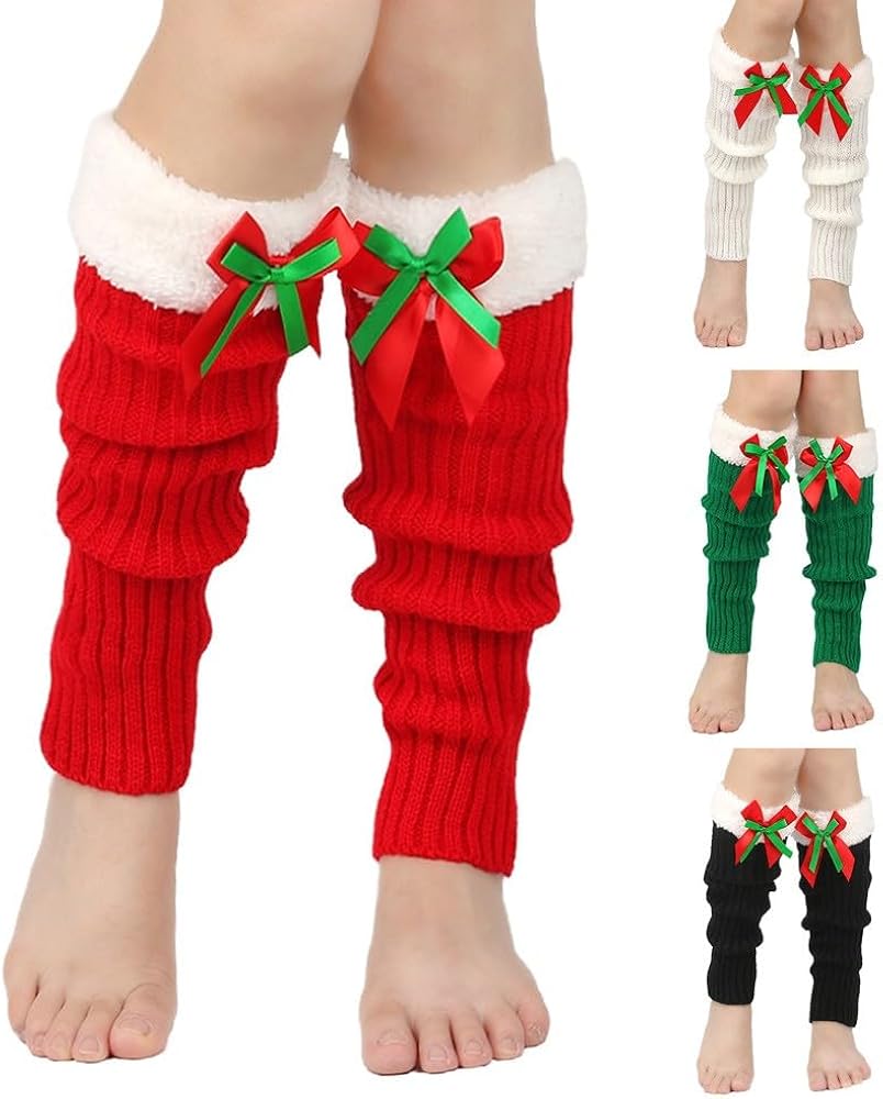 Women's Knitted Leg Warmers Winter Fuzzy Fleece Trim Bow Knot Boot Cuffs Leg Warmer Christmas Knitted Footless Socks
