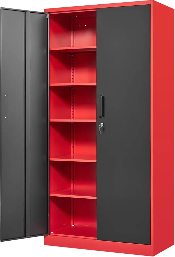 Metal Storage Cabinet-71” Tall Steel File Cabinets with Lockable Doors and Adjustable Shelves-Black&Red Steel Storage Cabinet for Home, School, Office, Garage
