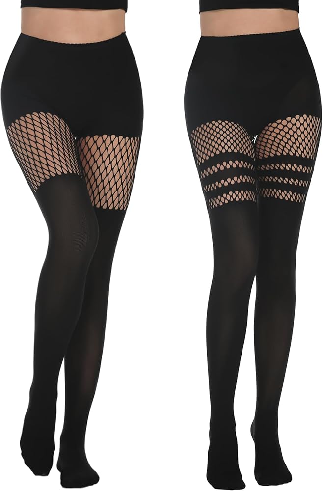 Yilanmy Mock Thigh High Stockings For Women Sexy Fishnet Tights Suspender Pantyhose 2 Pairs