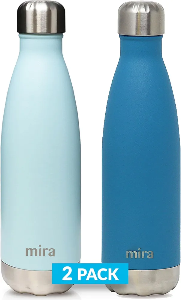MIRA 2 Pack 17 Oz Cola Shaped Insulated Stainless Steel Water Bottle - Double Walled Vacuum Insulated Thermo Flask - Metal Sports Bottle - Pearl Blue & Hawaiian Blue