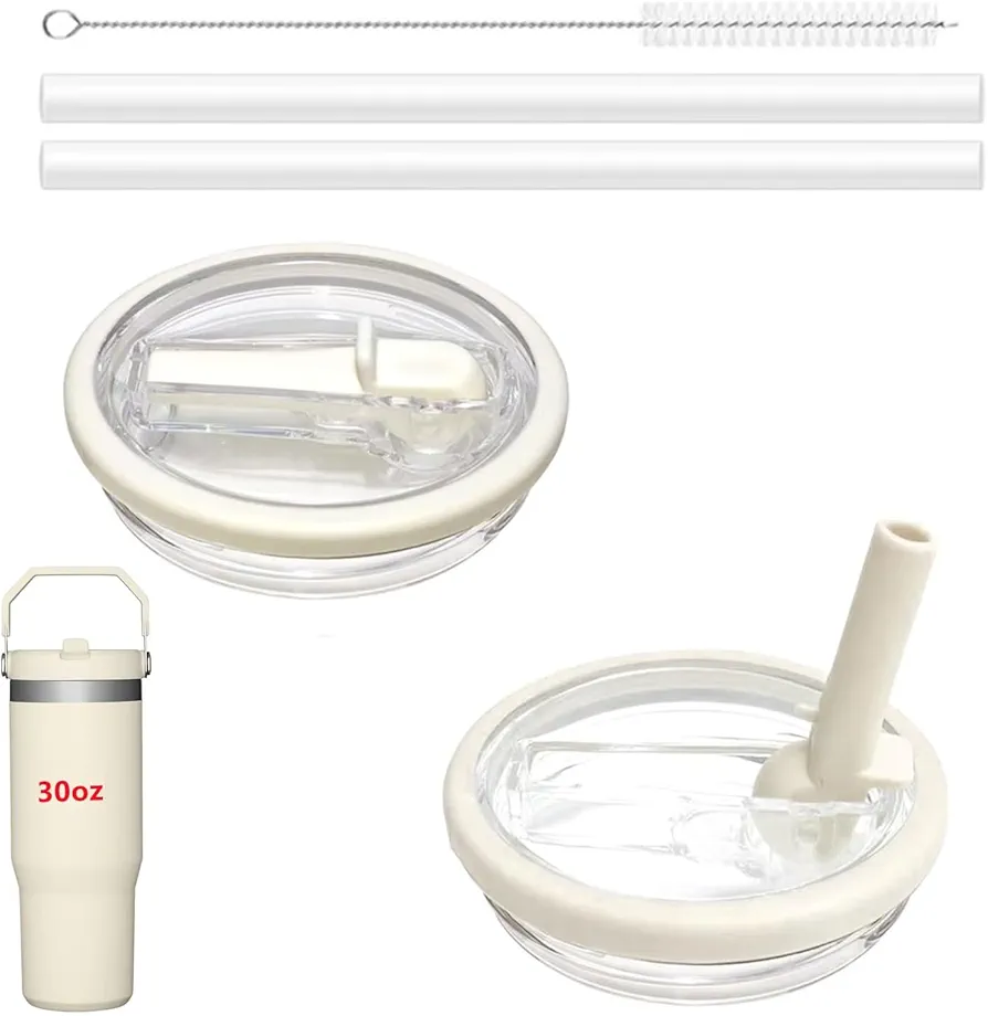2 Pack 30 oz Tumbler Flip Straw Lid Replacement fit for Stanley Quencher, Spill Proof Tumbler Cover for Stanley Cup with 2pcs Straws and 1pcs Cleaning Brush (Cream White)