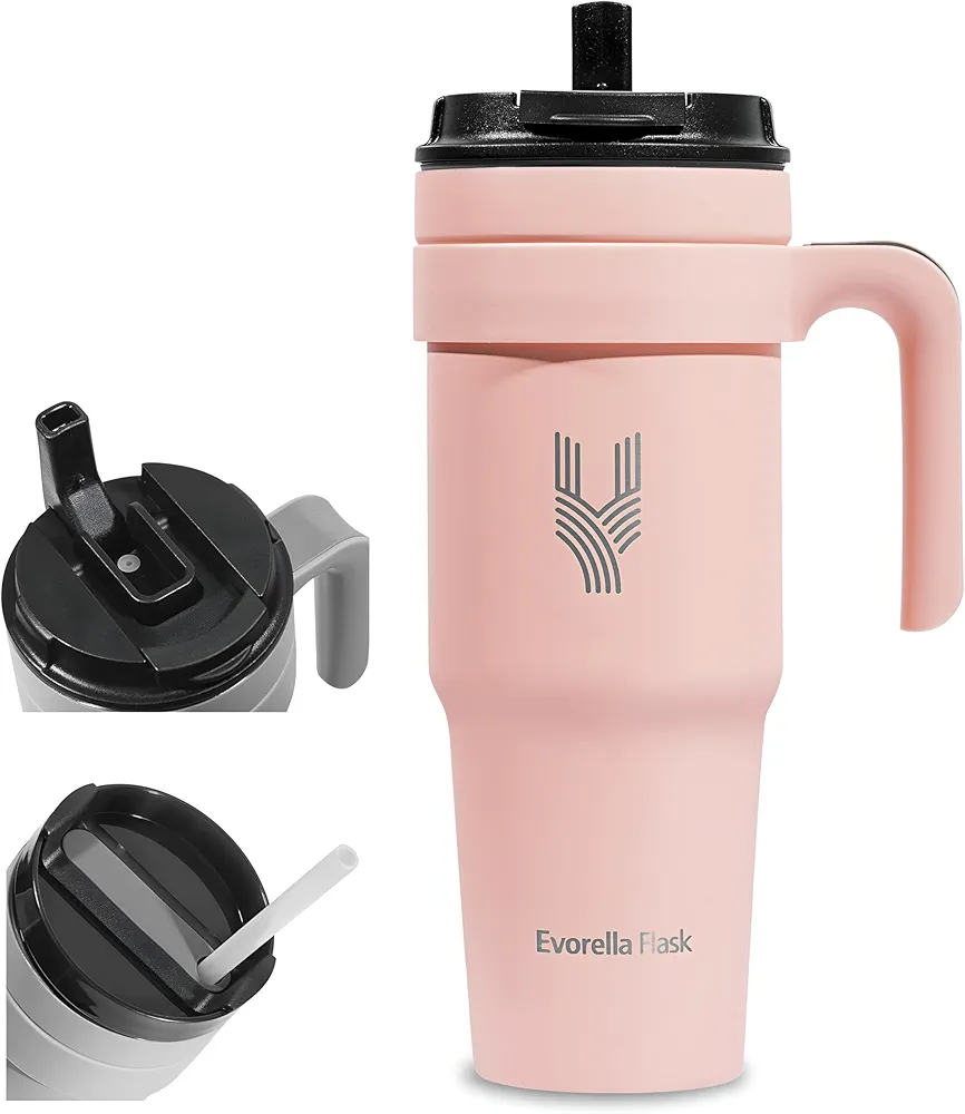Tumbler 1.0 with handle 40oz Stainless Steel Vacuum Insulated Tumbler with Leak Proof 2 in 1 Lid and Straw for Water, Coffee or Tea, Smoothie (Pink)