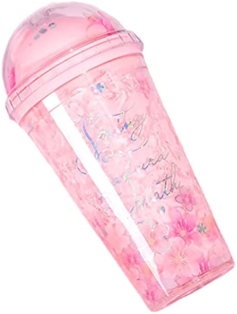 Floral Travel Tumbler with Straw Girl Ice Drinking Cup Freezer Frosty Mug Picnic Party Birthday Gift (floral pink, 480 ml)