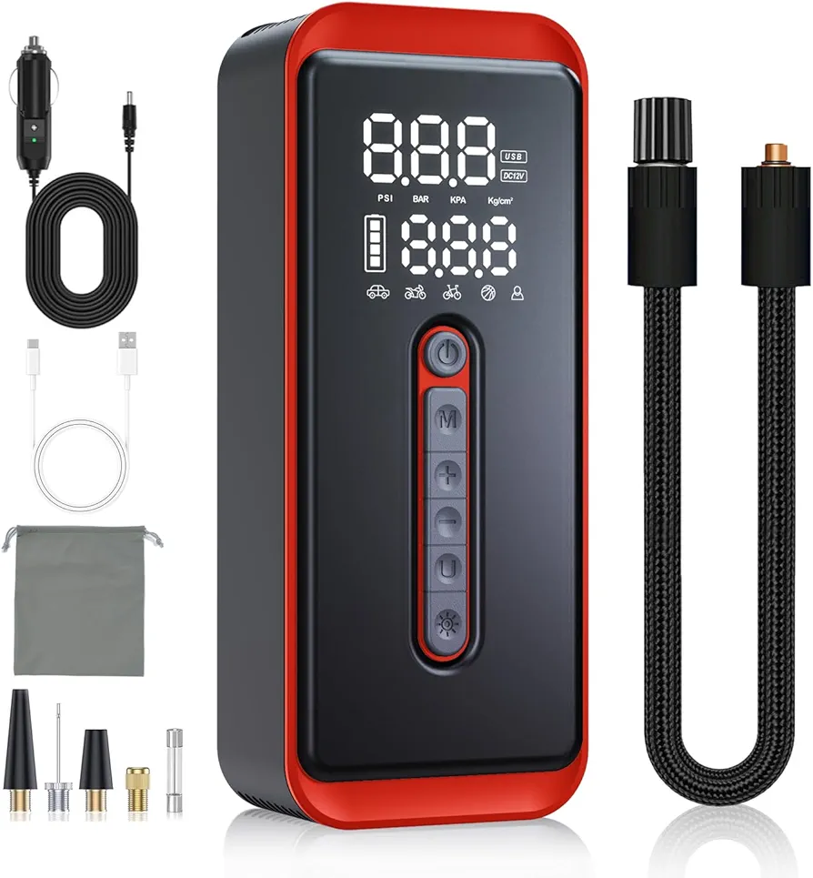 Yeaban Tire Inflator Portable Air Compressor with Digital Gauge | Rechargeable Battery & 12V DC Dual Power Supply, Smart Air Pump for Car Motorcycle Bicycle Ball with LED SOS Lighting (Red)