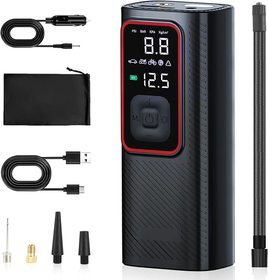 Portable Tire Inflator, 7800mAh Auto Air Pump for Car Tires, 150 PSI Electric Bike Cordless Air Compressor with LED Light for Bicycle, Scooter, Motorcycle, Ball,with Storage Bag