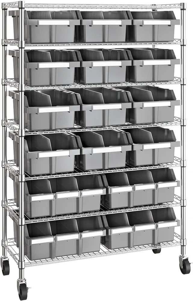 Seville Classics Heavy Duty NSF Bin Rack Solid Steel Wire Shelving Storage Unit, Patented Organizer for Garage, Warehouse, Office, Restaurant, Classroom, Kitchen, Gray, Includes 16 Bins