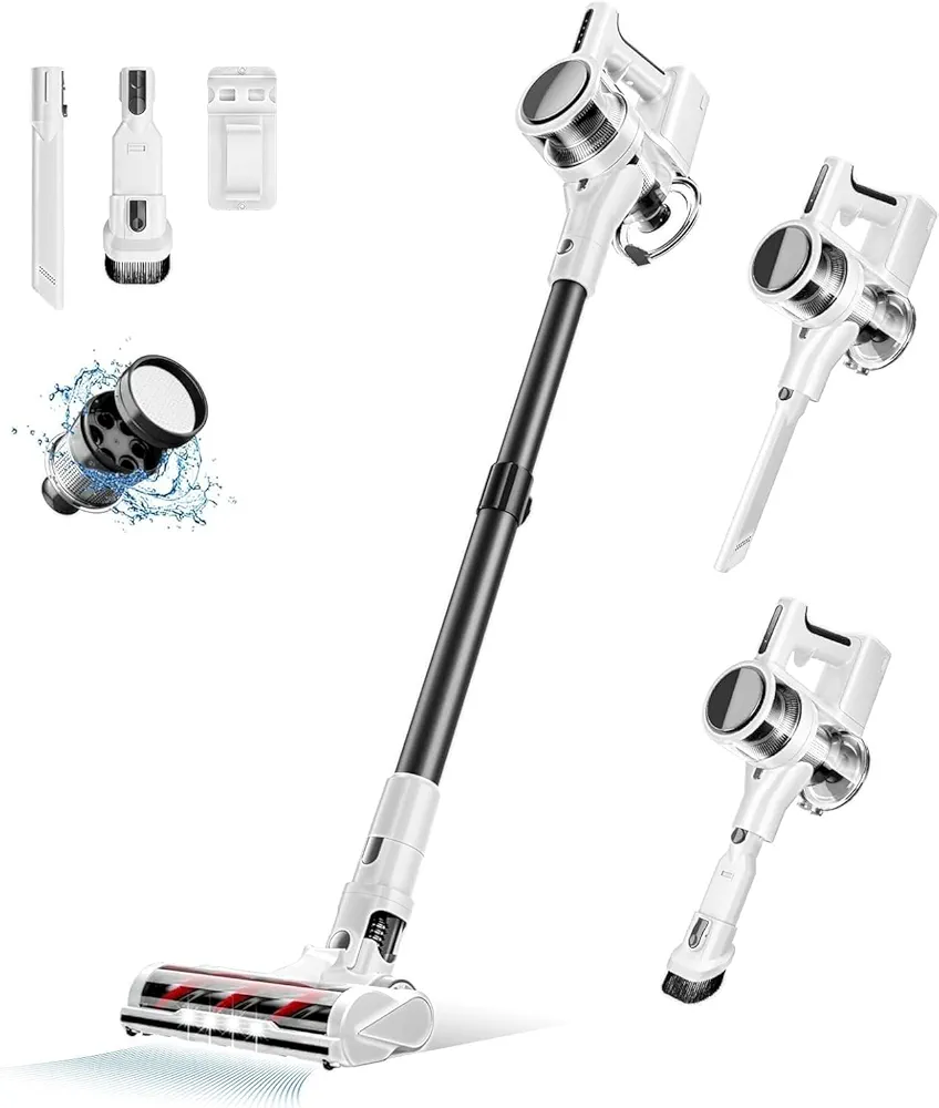 80,000PRM Cordless Vacuum Cleaners for Home, Powerful Vacuum with 2200mAH Battery up to 35 Mins Runtime, 2 Adjustable Modes and Tube Height, Detachable Parts Wireless Stick Vacuum (Light Snow White)