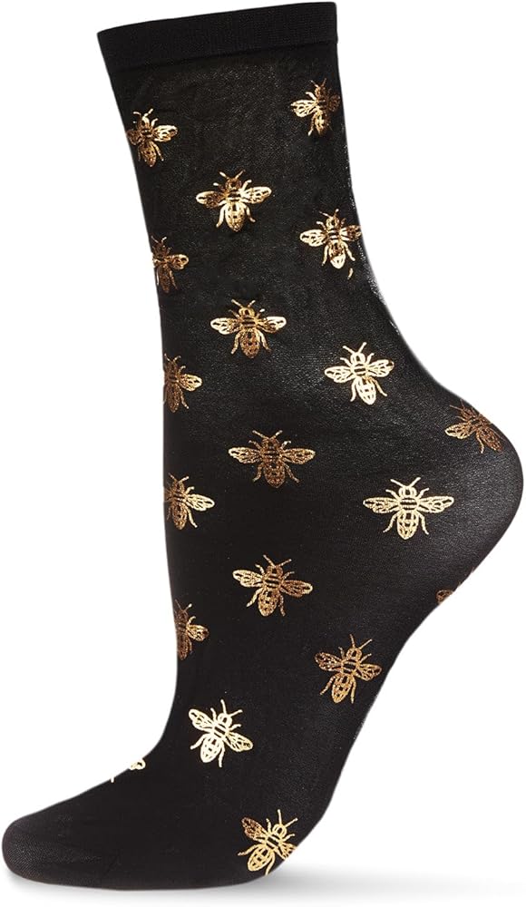 MeMoi Women's Gold Foil Beautiful Bee Sheer Fashion Crew Sock