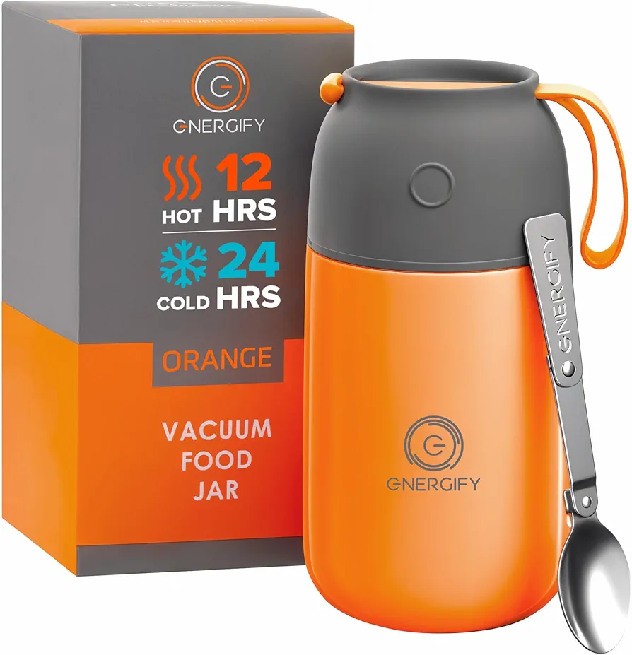 ENERGIFY Vacuum Insulated Food Jar Wide Mouth 24 Oz Soup Thermo with Folding Spoon - Thermal Lunch Containers for Kids & Adults - Leak Proof Stainless Steel Thermos for Hot Food Keep 12H and Cold 24H