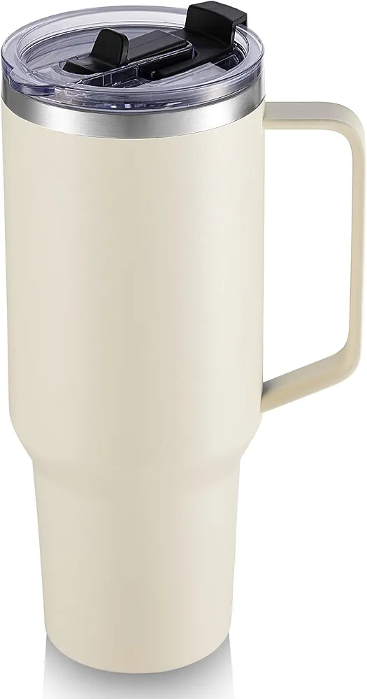 40 oz Tumbler with Handle and Straw, Stainless Steel Tumblers with Lid Double Wall Vacuum Insulated Mug Reusable Travel Cup Keep Drinks Hot and Cold, Cream, 1 Pack