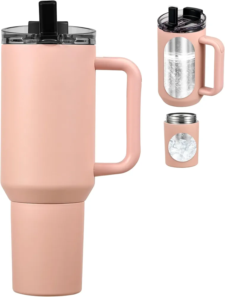 40oz Insulated Tumbler with 2-in-1 Lid and Straw, Bottom Detachable 2-in-1 Tumbler with Handle Stainless Steel Water Bottle Reusable Coffee Tumbler Travel Mug Wide Mouth Thermal Cup (Pink)