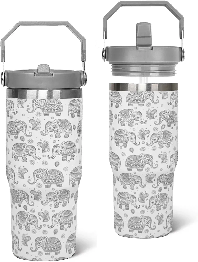 Elephant Tumbler 30 oz Grey Elephant Tumbler with Handle Water Bottle Coffee Travel Mug Elephant Gifts for Women Leak Proof Insulated Cup White Elephant Decor Gifts
