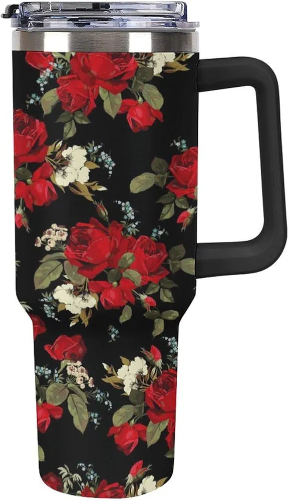 Stainless Steel Tumbler 40oz, Red Flower Rose Pattern Leakproof Tumblers Insulated Water Bottle with Straw And Lid, Car Coffee Cups Travel Mug Universal Fits for Water, Iced Tea Or Coffee