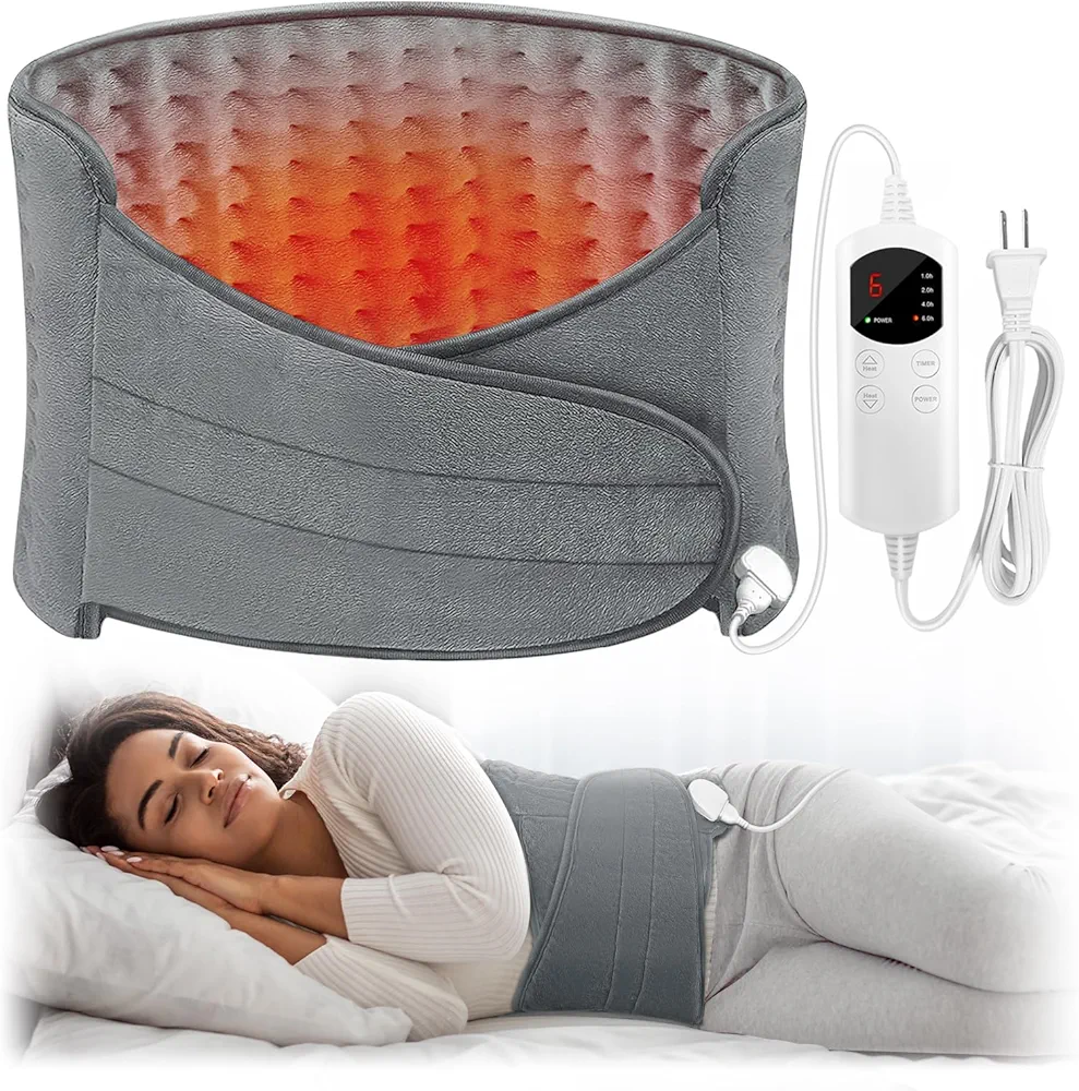 Heating Pad for Back Pain Relief, Electric Heating Pad for Period Cramps and Stomach, Wrap Around Heat Pad with 6 Heat Settings, 4 Timer Settings, 12”×24”, Gray