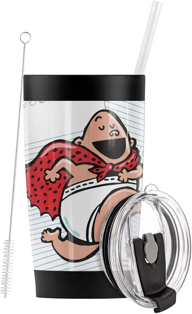 Logovision Captain Underpants OFFICIAL Tra-La-Laa Stainless Steel Tumbler with Straw and Flip Lid 20 oz Travel Mug/Cup, Vacuum Insulated & Double Wall with Leakproof Dual Lid