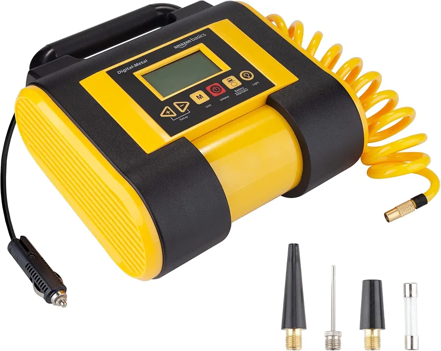 Amazon Basics Car Air Compressor Tire Inflator, Portable, Digital Gauge, 12V DC, 150 PSI, Black