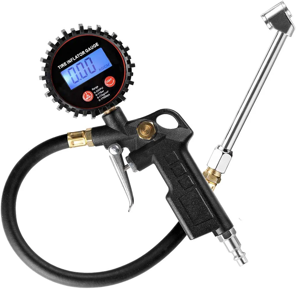 CZC AUTO Digital Tire Inflator Pressure Gauge, LED Display Tyre Deflator Gage with Dual Head Chuck Rubber Hose MNPT Fitting, Compatible with Air Pump Compressor for Truck RV Car Motorcycle Bike Bus