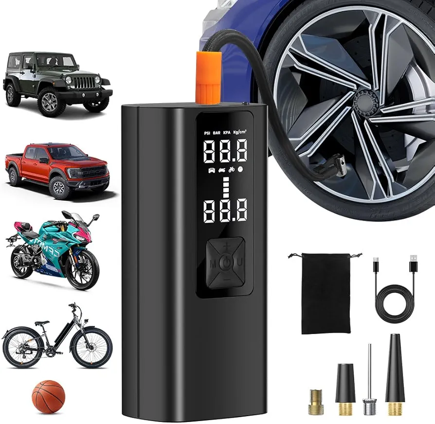 Portable Air Compressor Tire Inflator, Portable Tire Inflator for Car, 150PSI Rechargeable Car Pump with LED Light & Digital Pressure Gauge for Cars, Motorcycle & Bike Tires, Balls