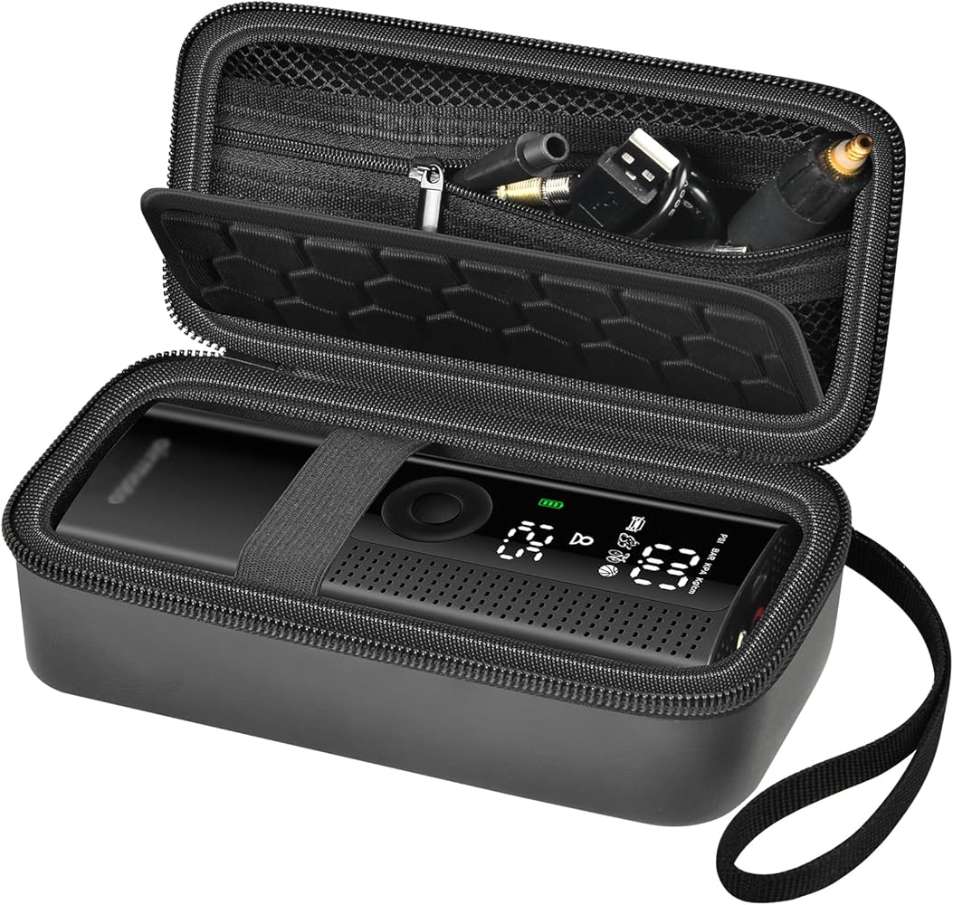 Case Compatible with Tire Inflator Portable Air Compressor, Car Tires Pump Storage Holder, Inflate Bike Pump Box Hold Air Hose, Nozzle Cone, Needle Adapter and Charging Cable (Bag Only)