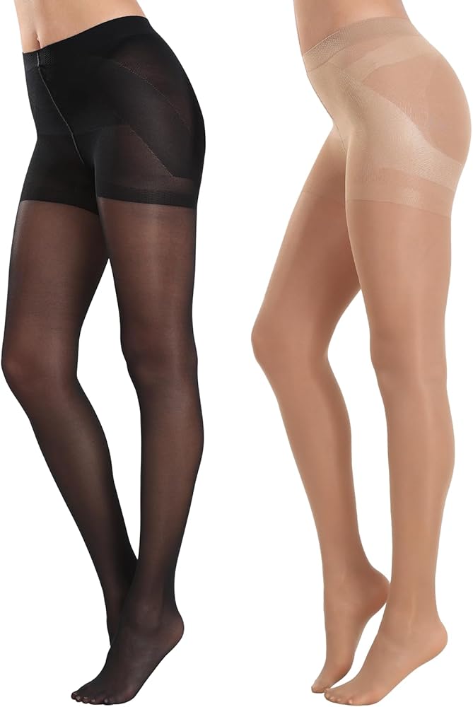 MANZI 2 Pairs Women's Sheer Tights 40D High Waist Control Top Pantyhose Thigh High Stockings with Reinforced Toes